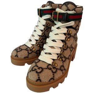 Gucci Beige Brown Monogram Wool Combat Boots with Green/Red Strap
